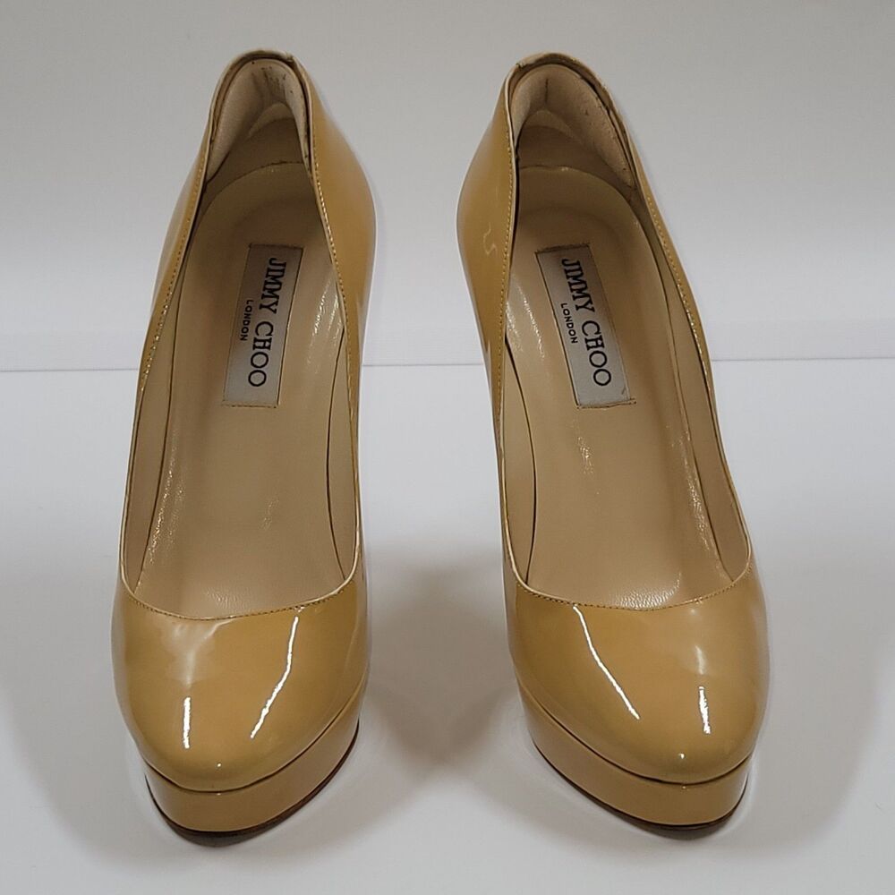 Jimmy Choo Victoria Tan Patent Leather Almond Toe Platform Pumps Women 38/US 8